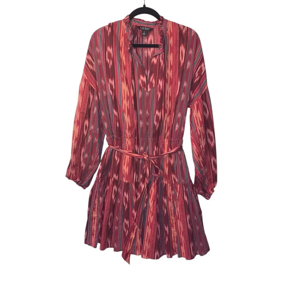 Lauren Ralph Lauren Geo Striped Belted Cotton Voile Ikat Dress SZ. 12 - Picture 2 of 11